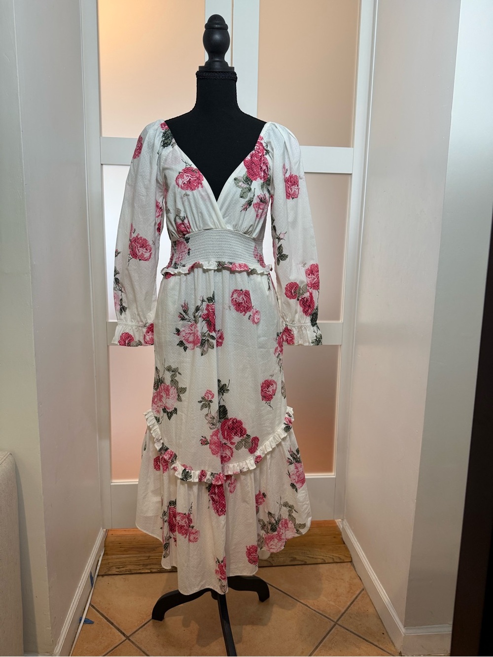 LoveShackFancy White Maxi Dress with Pink Rose Print, Small